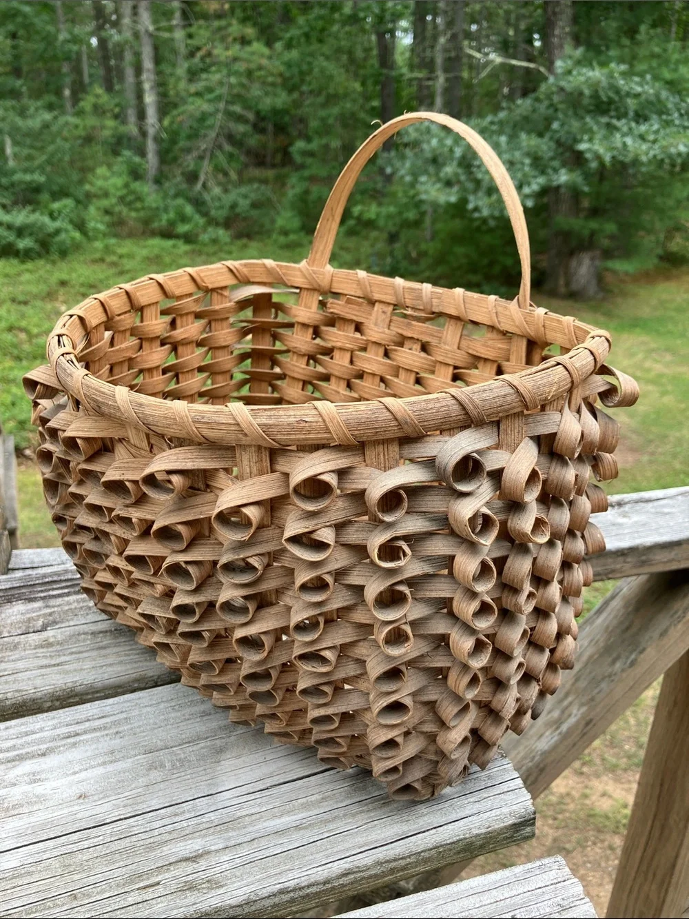 Mid 20th-Century Ash Splint Curly Weave Basket Porcupine Maine